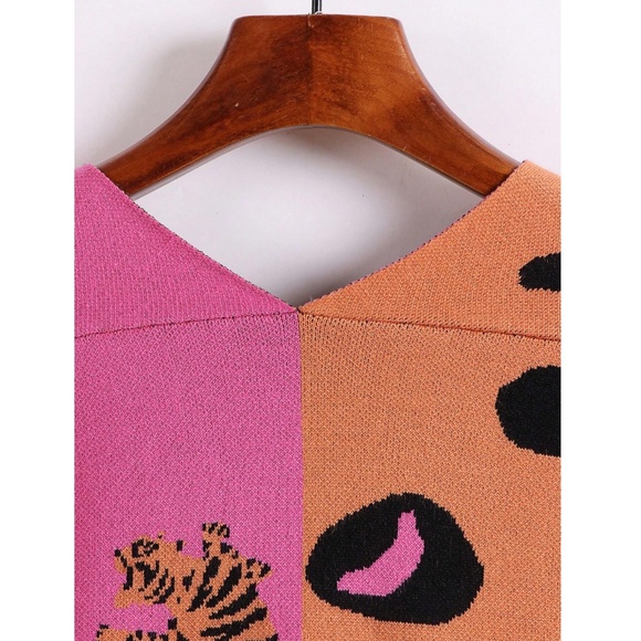 Pink Orange Animal Print Button Down V-Neck Knit Cardigan Stretchy - Picture 5 of 6